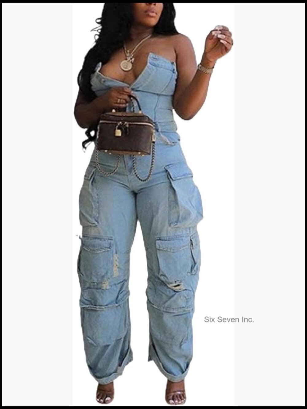 Women's Off Shoulder Tube Denim Cargo Jumpsuit Wide Leg Baggy Romper Overalls